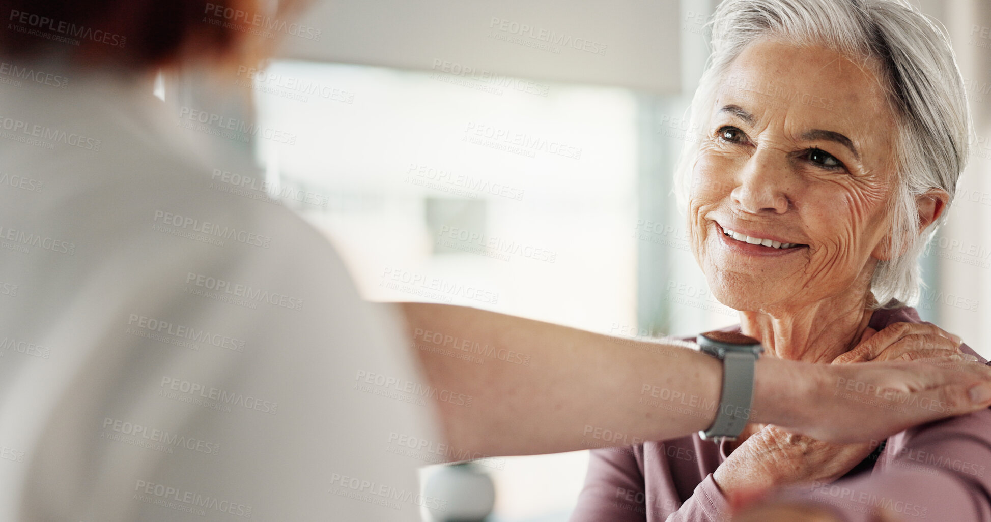Buy stock photo Physiotherapy, smile and healthcare with old woman and shoulder pain for helping, medical and arthritis. Physical therapy, wellness and rehabilitation with senior patient and doctor for support
