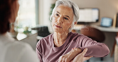 Buy stock photo Physiotherapy, consulting and healthcare with old woman and arm pain for helping, medical and arthritis. Physical therapy, medical and rehabilitation with senior patient and doctor for support