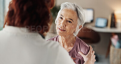 Buy stock photo Physiotherapy, consulting and medical with old woman and shoulder pain for helping, healthcare and arthritis. Physical therapy, clinic and rehabilitation with senior patient and doctor for support