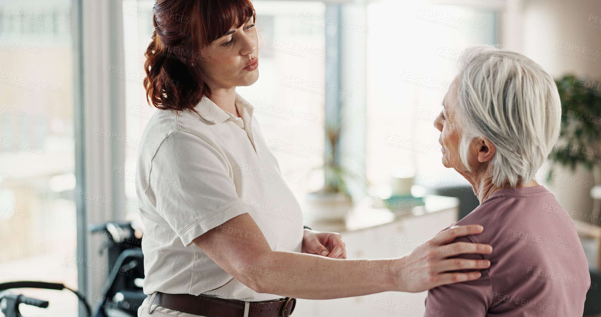 Buy stock photo Physiotherapy, doctor and healthcare with old woman and shoulder pain for helping, medical and arthritis. Physical therapy, medical and rehabilitation with senior patient and consulting for support
