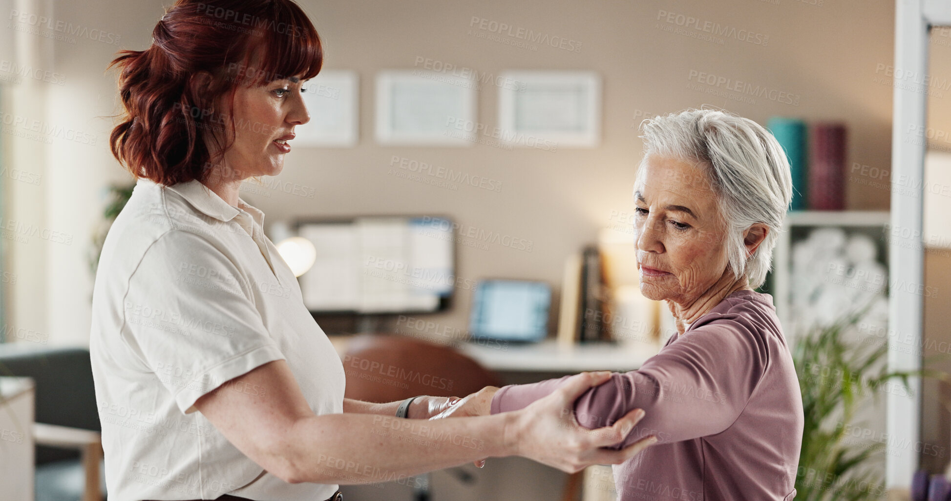 Buy stock photo Physio, arm and senior woman with injury support, patient and rehabilitation in clinic with stretching. Physical therapy, helping and healing assessment of doctor with arthritis care and joint check