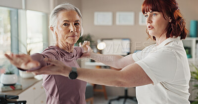 Buy stock photo Physio, arm and senior woman with stretching support, patient and rehabilitation in clinic with advice. Physical therapy, helping and healing assessment of doctor with arthritis care and joint check