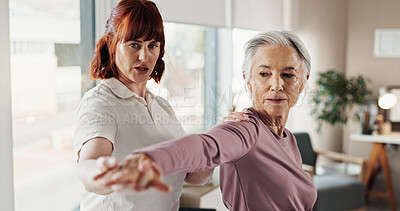 Buy stock photo Stretching, physiotherapist and mature woman consulting for wellness, mobility and physical therapy. Healthcare, professional and person with senior patient for rehabilitation medical service