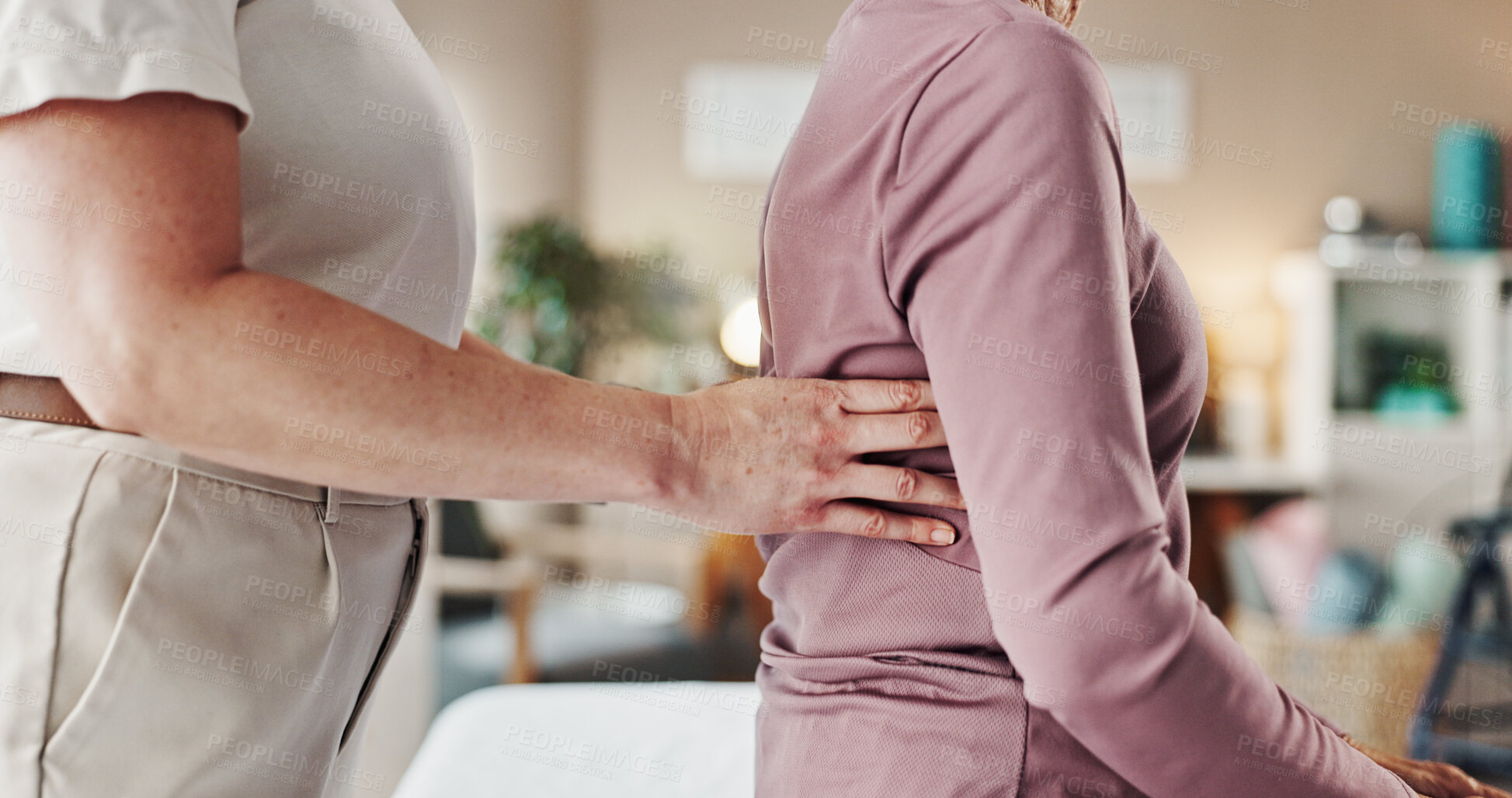 Buy stock photo Physiotherapy, consulting and healthcare with old woman and back pain for helping, medical and arthritis. Physical therapy, chiropractic and rehabilitation with senior patient and doctor for support
