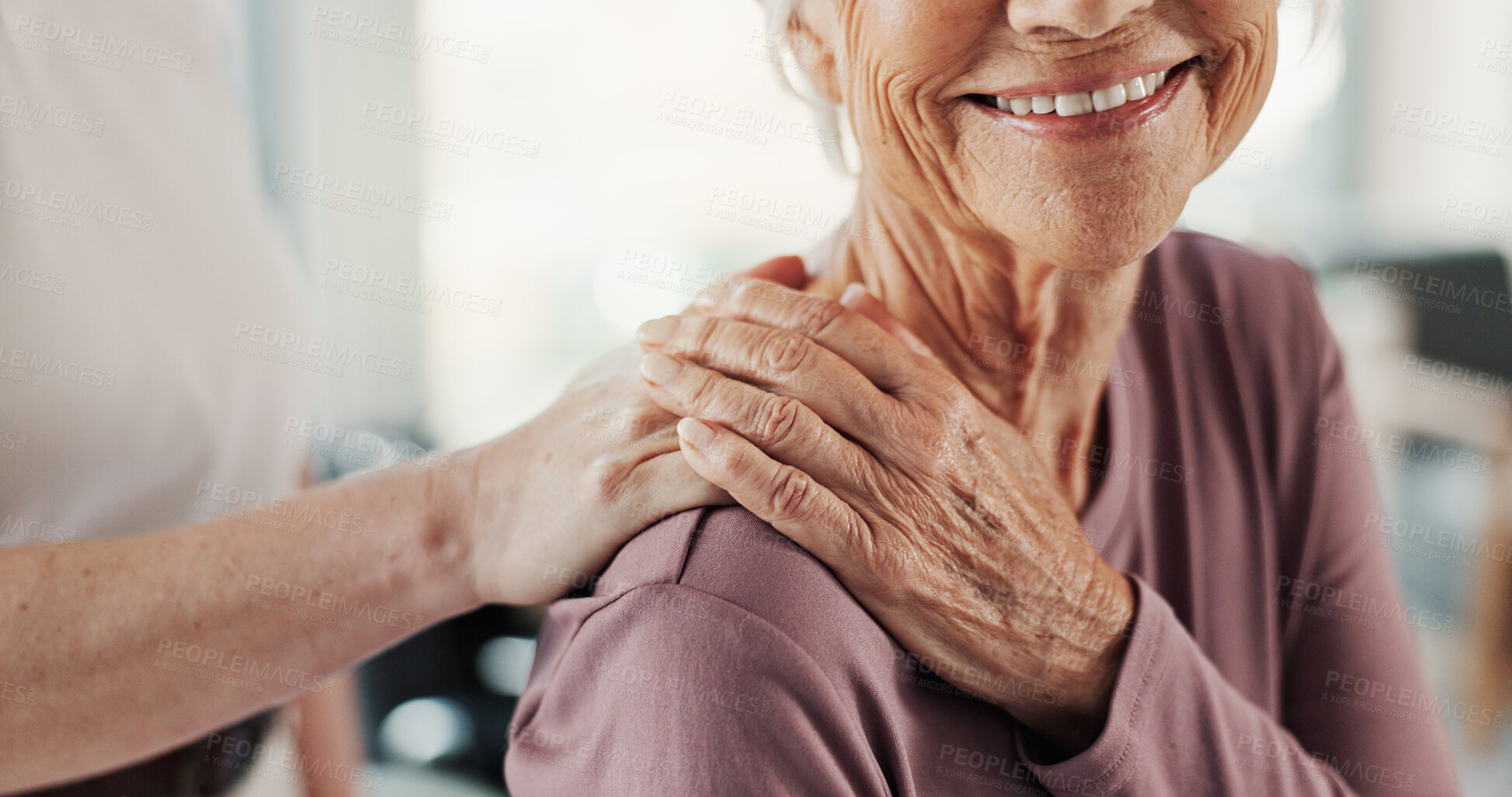 Buy stock photo Physiotherapy, holding hands and healthcare with senior woman, smile and empathy for medical advice. Physical therapy, recovery and rehabilitation with happy patient and doctor for clinic support