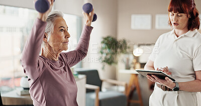Buy stock photo Tablet, physiotherapist and senior woman with weights for wellness, mobility and physical therapy. Healthcare, medical consultation and person with mature patient for strength, rehabilitation or help