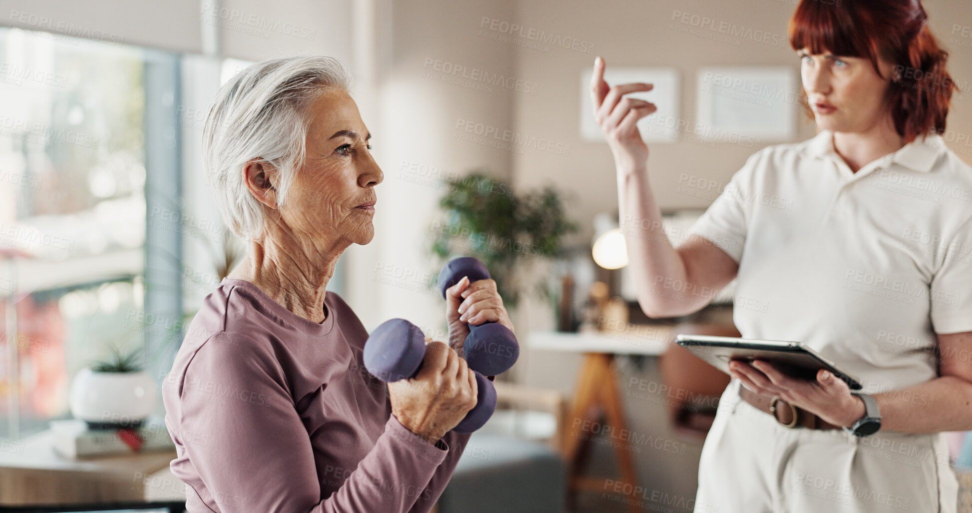 Buy stock photo Tablet, physical therapist and senior woman with weights for wellness, mobility and physiotherapy. Healthcare, medical consultation and person with mature patient for strength, rehabilitation or help
