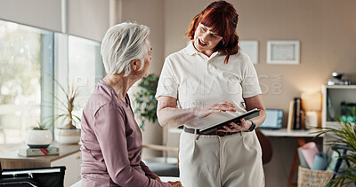 Buy stock photo Physiotherapy, consulting and healthcare with old woman and tablet for digital results, medical and planning. Physical therapy, online and rehabilitation with senior patient and doctor for support