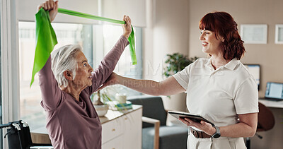 Buy stock photo Resistance band, physiotherapist and senior woman consulting for wellness, mobility and physical therapy. Healthcare, professional and person on tablet and patient for rehabilitation medical service