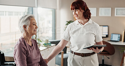 Buy stock photo Physiotherapy, support and healthcare with old woman and table for digital results, medical and arthritis. Physical therapy, online and rehabilitation with senior patient and doctor for wellness
