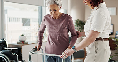 Buy stock photo Walker, physiotherapy and healthcare with old woman in office for support, osteoporosis or rehabilitation. Medical, helping and physical therapy with senior person with a disability for advice