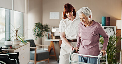 Buy stock photo Walker, physiotherapy and support with old woman in office for healthcare, osteoporosis or rehabilitation. Medical, help and physical therapy with senior person with a disability healing and advice