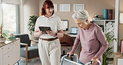 Buy stock photo Walker, physiotherapy and tablet with old woman in office for healthcare, osteoporosis or rehabilitation. Medical, digital results and physical therapy with senior person with a disability for advice
