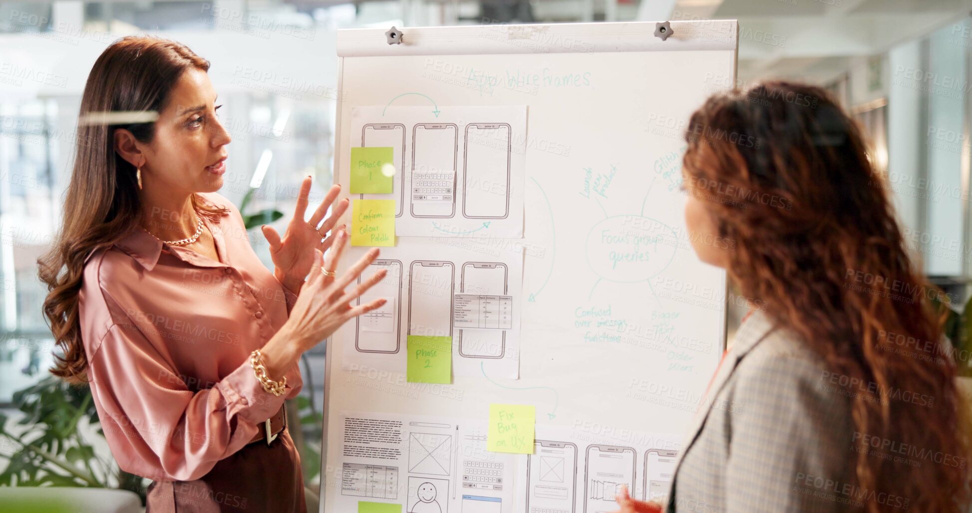 Buy stock photo Business team, whiteboard and presentation for strategy, brainstorming and app development proposal. Entrepreneur, people and sticky note for ux design, wireframe or smartphone innovation with pitch