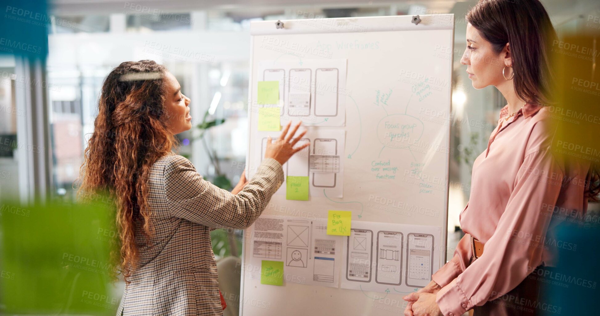 Buy stock photo Business people, whiteboard and presentation for strategy, planning and app development with proposal. Entrepreneur, board and sticky note for ux design, wireframe or smartphone innovation with pitch