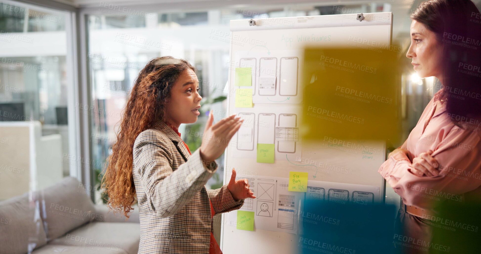 Buy stock photo Business women, whiteboard and presentation for strategy, teamwork and app development with proposal. Entrepreneur, board and sticky note for ux design, wireframe or smartphone innovation with pitch