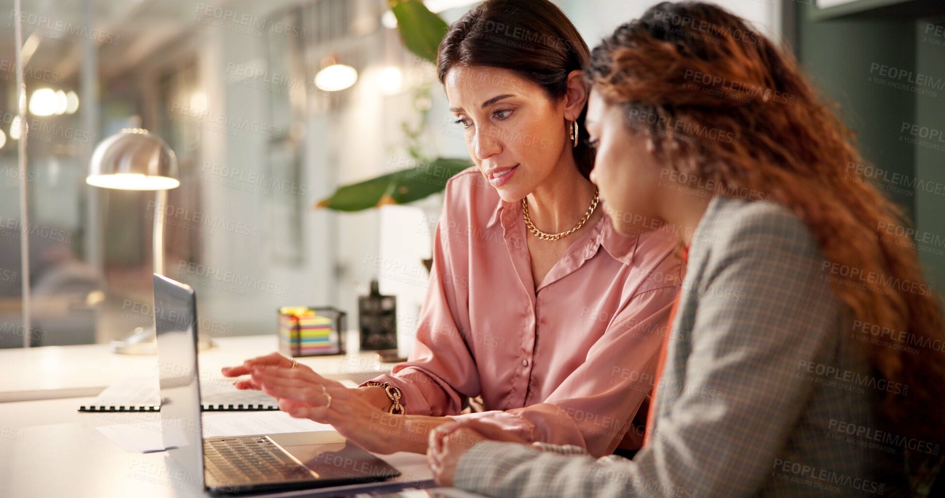 Buy stock photo Meeting, teamwork and business people with laptop for typing, investment research and discussion. Office, women and financial advisor with digital for online information, feedback or corporate report