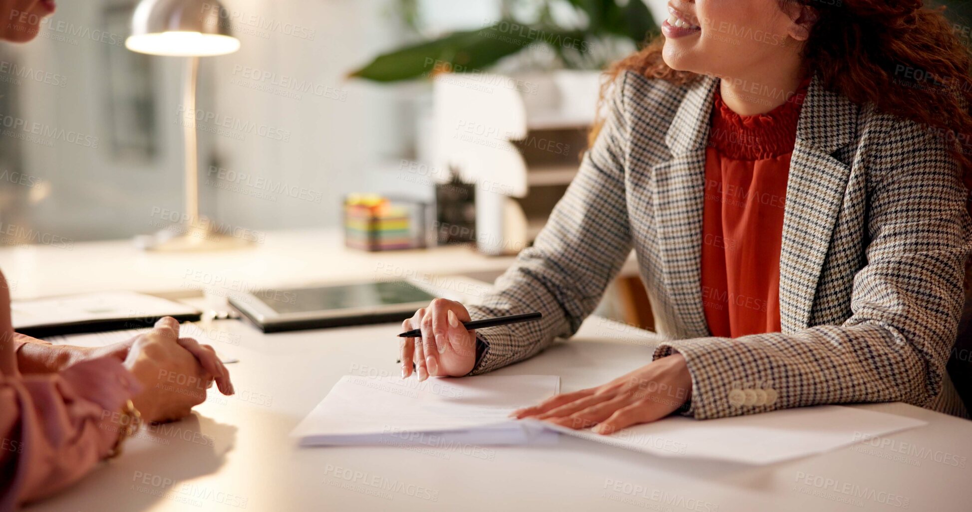 Buy stock photo Contract, woman and hands of advisor for interview, information or document for job application. Advice, client or human resource agent with paperwork for registration, opportunity or deal agreement