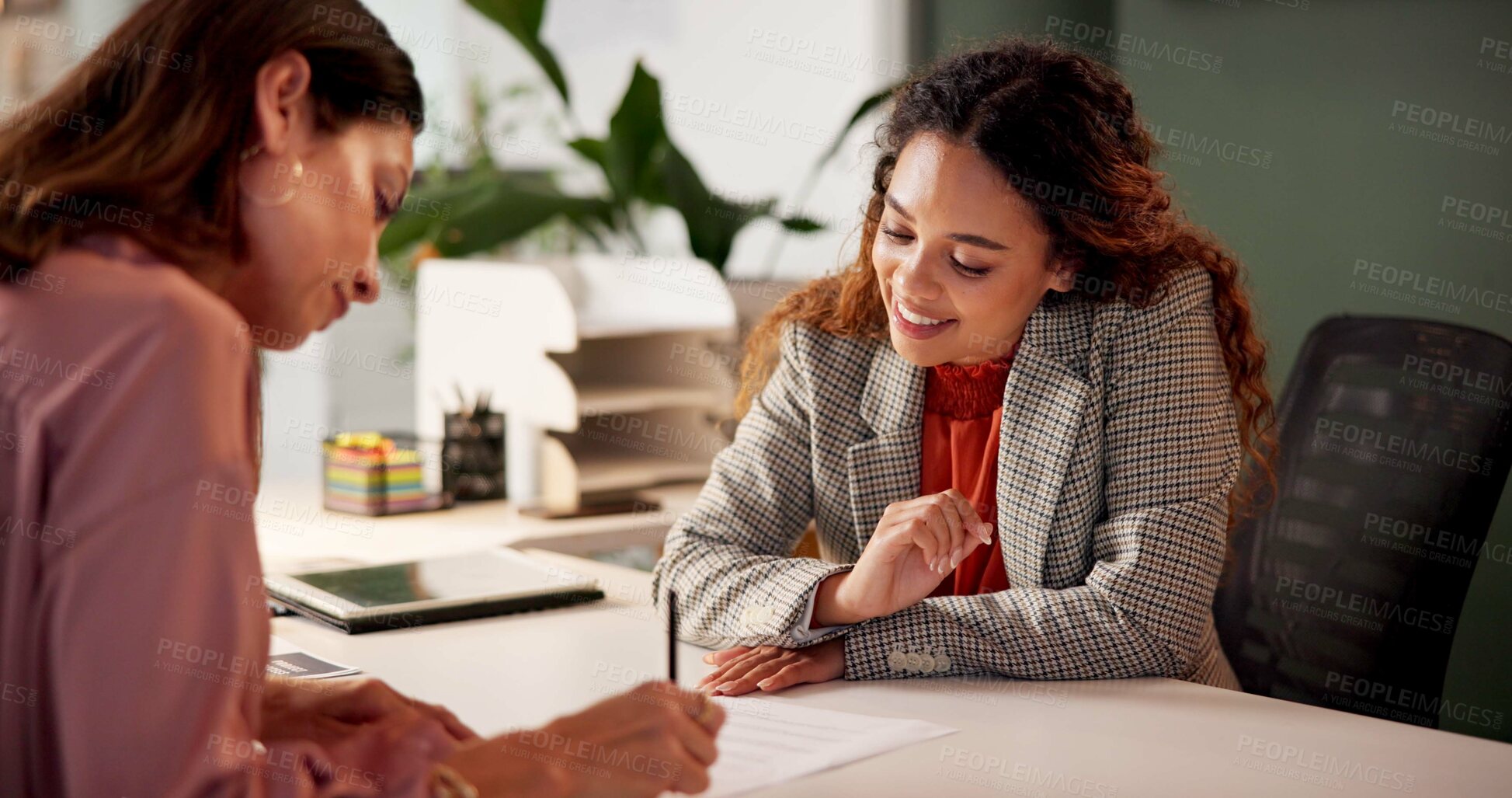 Buy stock photo Contract, woman and advisor in office for signature, information or document for job application. Advice, client or human resource agent with paperwork for registration, opportunity or deal agreement