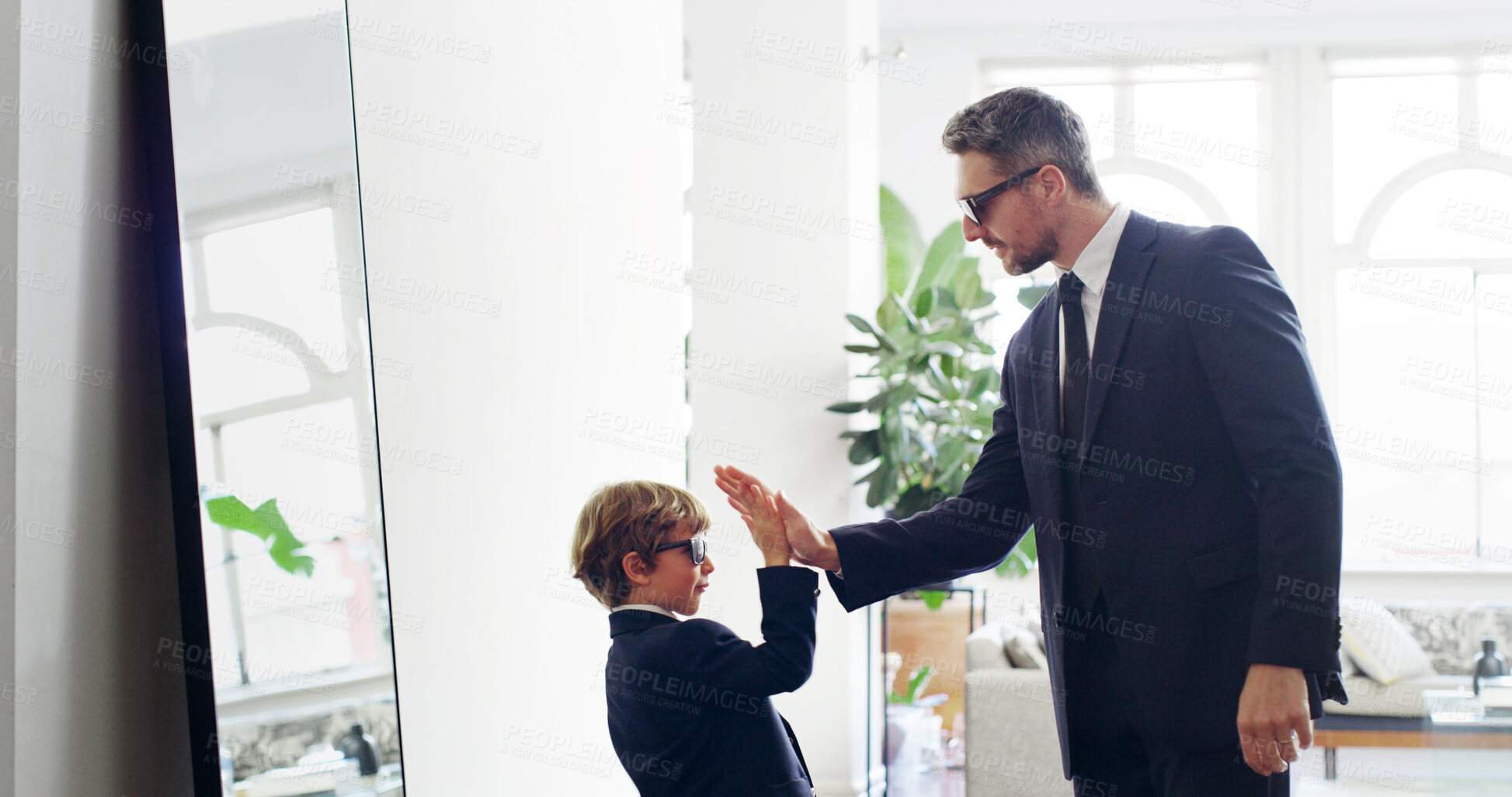 Buy stock photo Business, high five or suit with father and son in living room of home for work experience. Motivation, role model or success with single parent man and boy child in apartment for morning routine