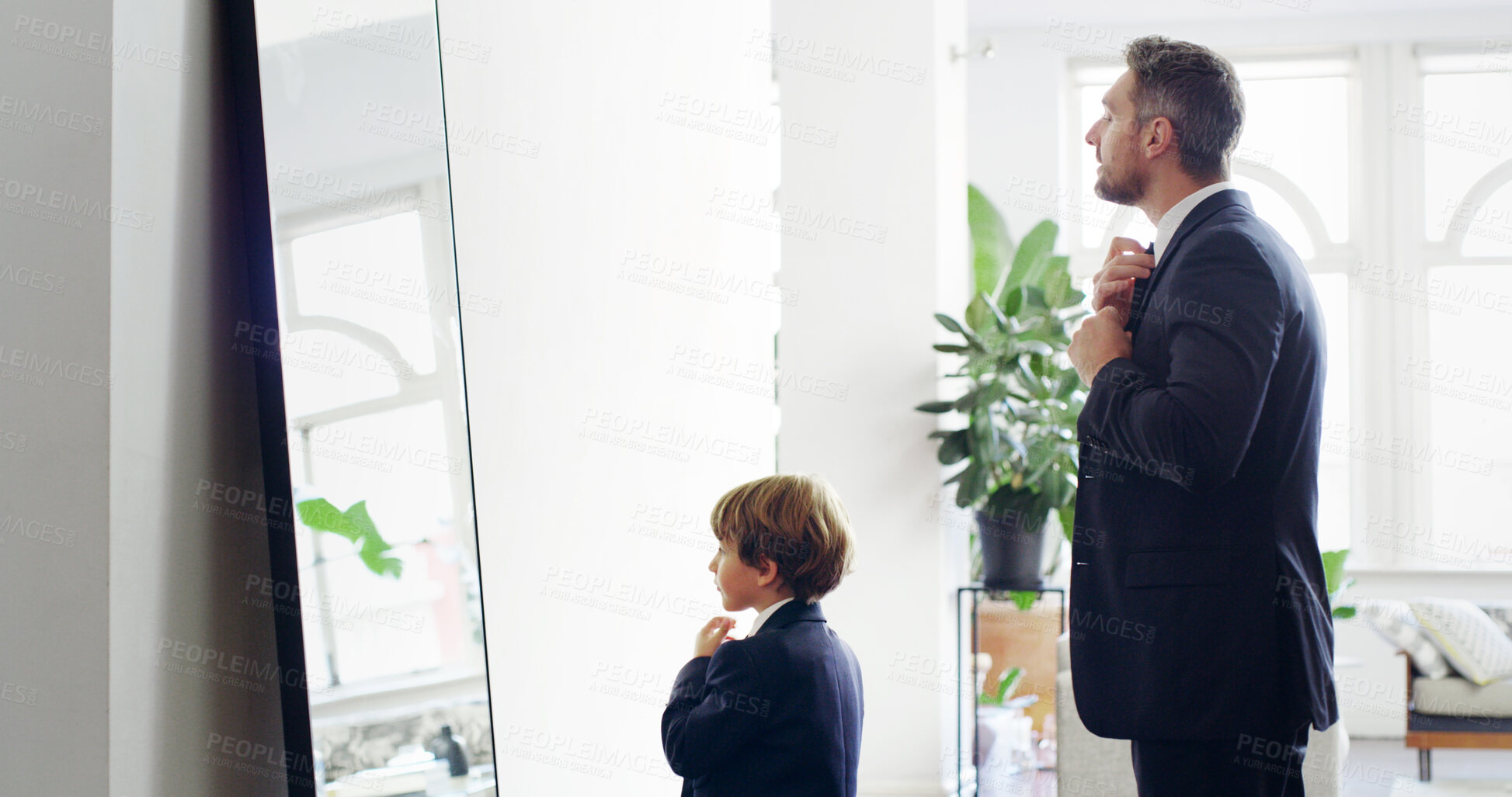Buy stock photo Father, child and help with tie for suit by mirror for event preparation, learning fashion or ready in family home. Dad, kid and boy in formal necktie, clothes and dressing with reflection of parent