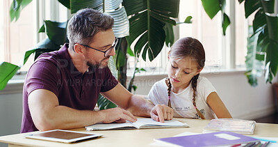 Buy stock photo Teaching, dad and child with homework, home and studying for project, helping and education for daughter. House, learning and man with kid, knowledge and girl with assignment, growth and development