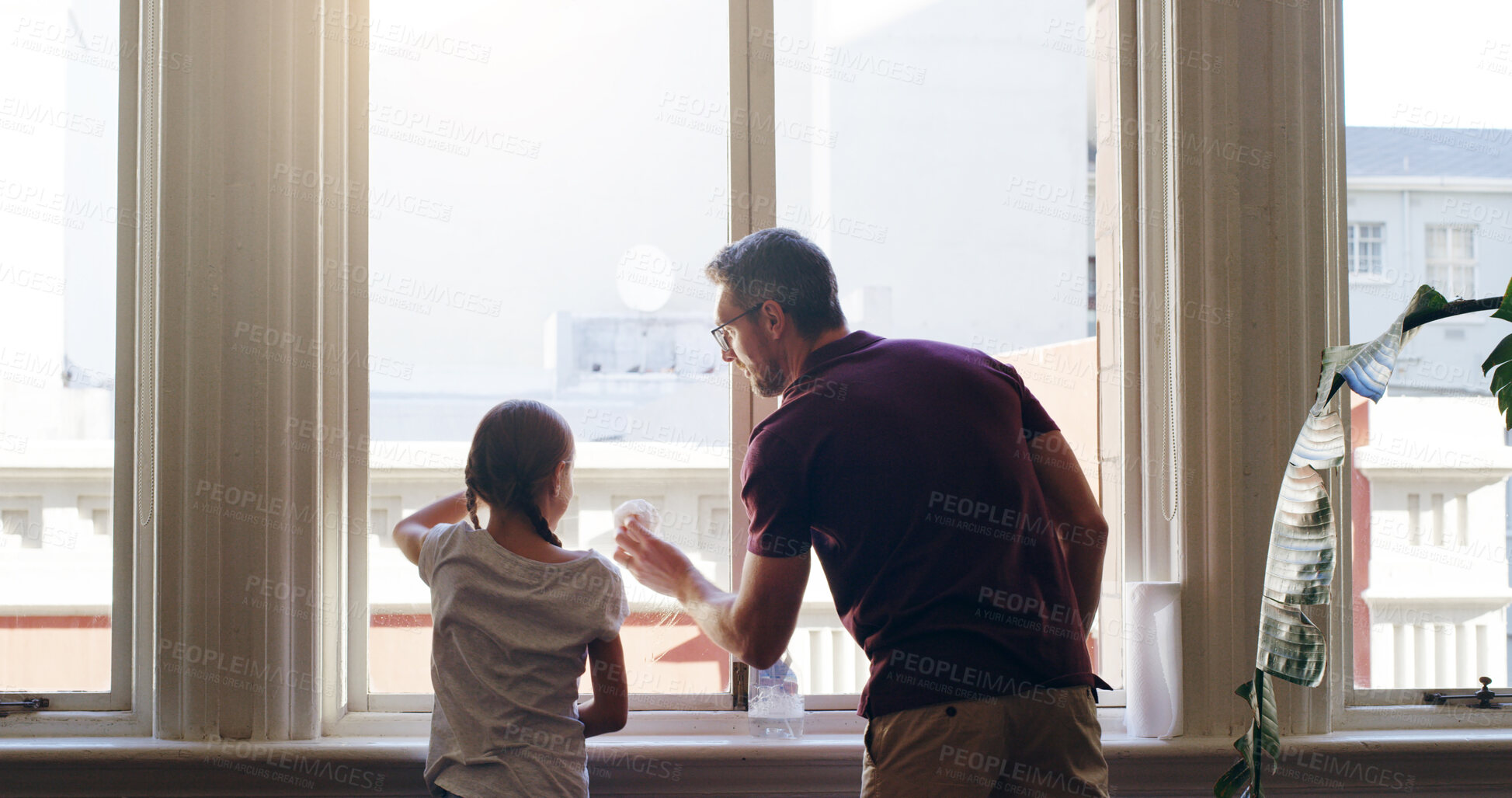 Buy stock photo Cleaning window, home and father with girl, back and remove bacteria in lounge. Family, apartment and single parent with daughter, kid and childhood for chores, housekeeping and routine with help