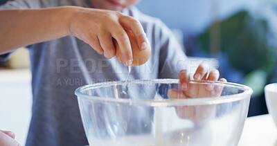 Buy stock photo Hands, child and cracking eggs for baking with creativity for food, nutrition and diet in home. Young boy, hungry and bowl in cooking breakfast for education as meal prep with ingredients in kitchen