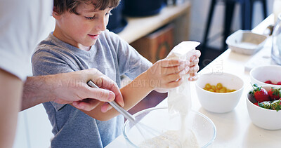 Buy stock photo Child, baking and kitchen with flour and father support with love in family home with cooking. Learning, boy and bowl for cake with bonding, smile and development with ingredients and dessert