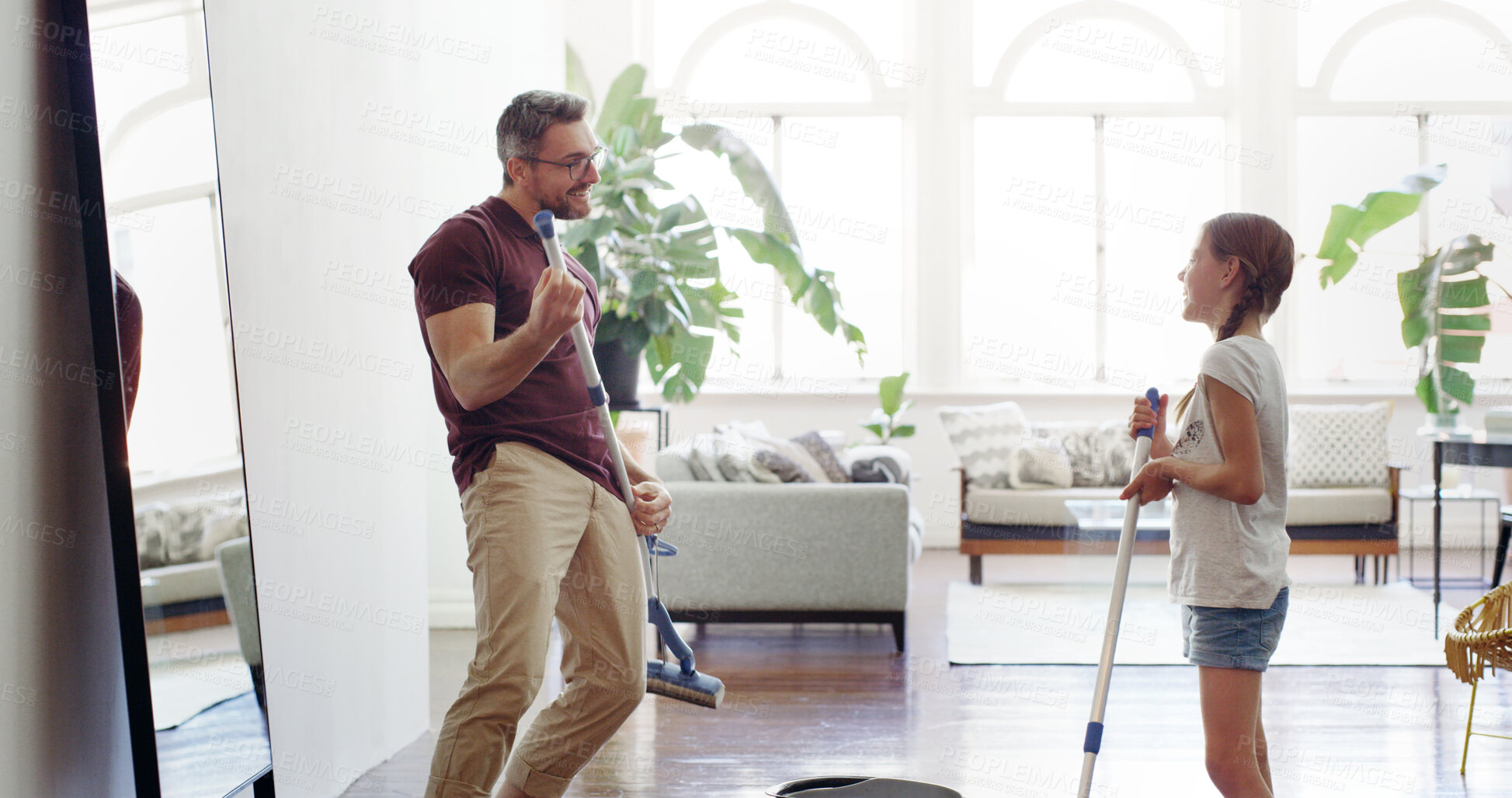Buy stock photo Father, child and cleaning fun at home with teamwork, family and youth development from chore learning. Love, support and care with mop, dancing and floor washing with happy, smile and girl helping