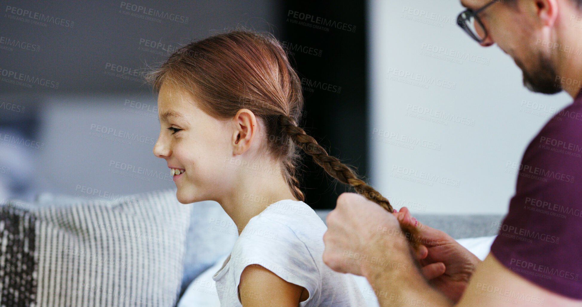 Buy stock photo Father, girl and happy for hair care in home with grooming, braid hairstyle and bonding together. Single parent, kid and getting ready with morning routine, support and beauty for child development 