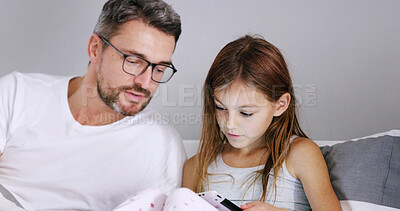 Buy stock photo Tablet, father and child in bedroom for learning, education or storytelling in family home together. Dad, girl and kid on digital technology for help with online app, reading ebook or streaming movie