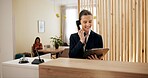 Clipboard, woman and receptionist in hotel with telephone, schedule booking and checklist on counter. Help desk, hospitality and concierge with calling for customer service, assistance or reservation