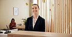 Woman, employee and happy as hotel receptionist at front desk for customer service in Paris. Female person, portrait smile or proud with confidence for accommodation, hospitality and reservation