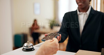 Buy stock photo Concierge, hands and hotel reception with payment, credit card and customer service. Spa lobby, person and transaction with business support, guest help and booking agent at resort counter with tech