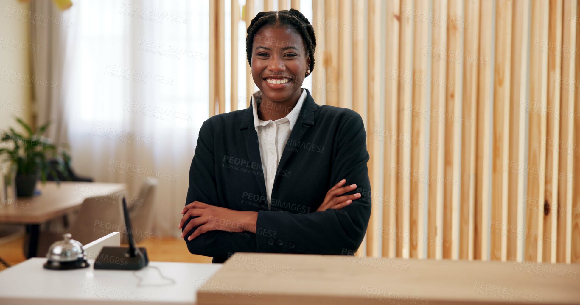 Buy stock photo Hotel, smile and portrait of black woman at reception with confidence at counter for luxury service at spa. Check in, hospitality and happy receptionist at front desk arms crossed at beauty salon