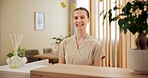 Spa, smile and portrait of woman at reception with confidence at booking counter for luxury service at hotel. Check in, hospitality and happy receptionist at front desk with welcome at beauty salon