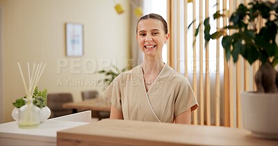 Buy stock photo Spa, smile and portrait of woman at reception with confidence at booking counter for luxury service at hotel. Check in, hospitality and happy receptionist at front desk with welcome at beauty salon