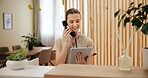 Phone call, spa and woman at reception with tablet checking website for online booking schedule. Consultant, receptionist or girl at front desk on telephone, digital app or appointment at hotel salon