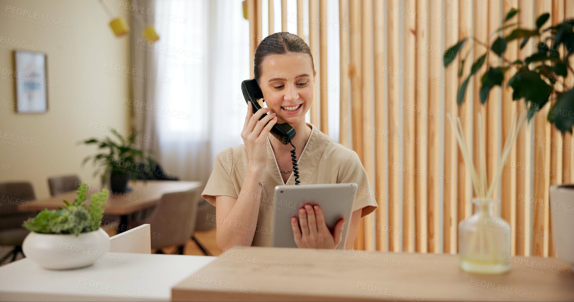 Buy stock photo Phone call, spa and woman at reception with tablet checking website for online booking schedule. Consultant, receptionist or girl at front desk on telephone, digital app or appointment at hotel salon