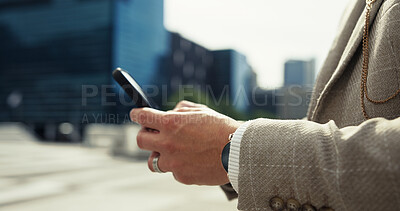 Buy stock photo Typing, outdoor and hand with smartphone, city and networking with contact, message and corporate. Browsing, tech and person with mobile, communication and texting for business, legal and lawyer