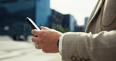 Buy stock photo Corporate, outdoor and hand with smartphone, city and networking with contact, message and typing. Browsing, tech and person with mobile, communication and texting for business, legal and lawyer