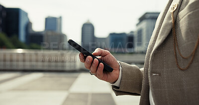Buy stock photo Networking, outdoor and hand with smartphone, city and texting with contact, message and corporate. Browsing, tech and person with mobile, communication and typing for business, legal and lawyer