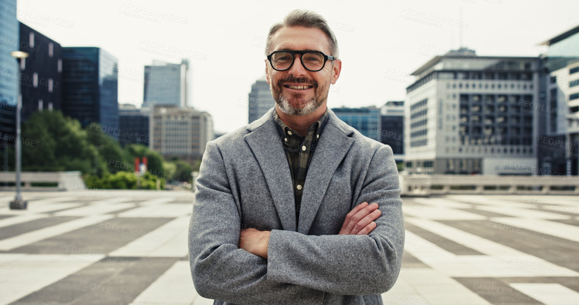 Buy stock photo Professional, arms crossed and portrait of business man in city for consultant, asset management or investor. Private equity associate, venture capitalist and corporate with mature person in New York