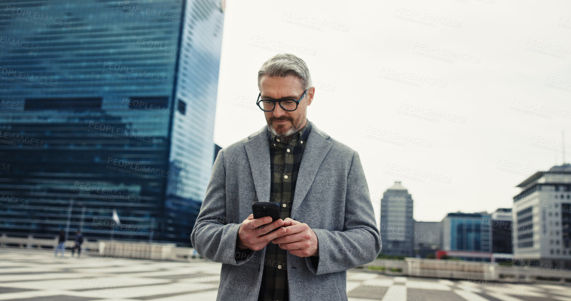 Buy stock photo App, city and phone with mature businessman outdoor for communication, networking or travel. Commute, corporate and directions with professional employee outdoor in urban town to search for location 