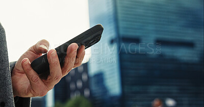Buy stock photo Message, outdoor and hand with smartphone, browsing and networking with contact, corporate and typing. City, tech and person with mobile, communication and texting for business, legal and lawyer
