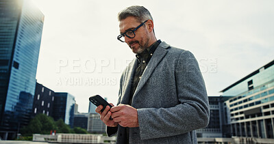 Buy stock photo City, directions and phone with mature businessman outdoor for communication, networking or travel. App, commute and corporate with professional employee in urban town to search for location 