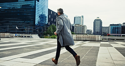 Buy stock photo Mature, businessman and running late in town for meeting as real estate agent for morning commute. Male person, outdoor and realtor for transport, travel or career as property investment in Australia
