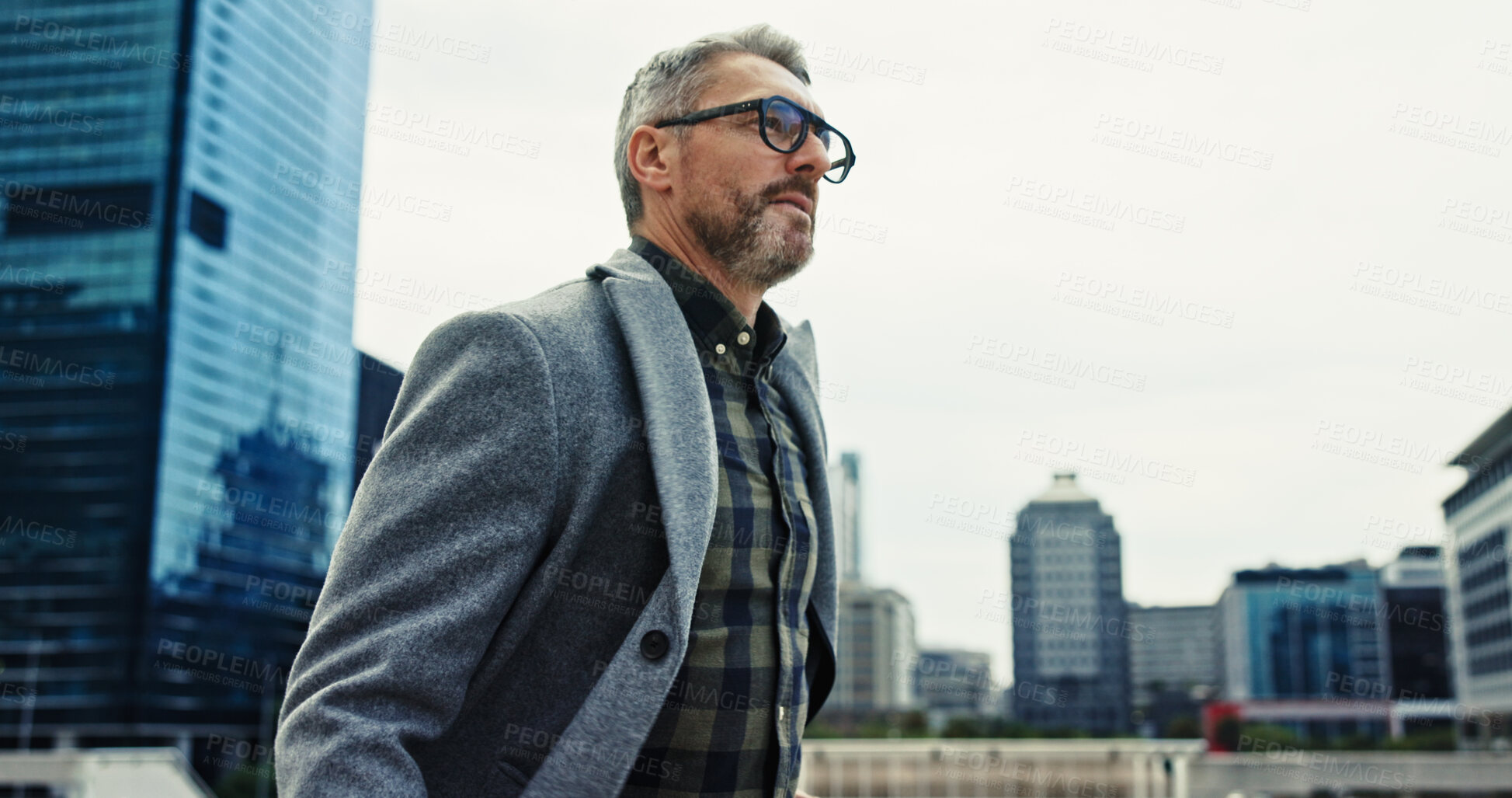 Buy stock photo Business man, walking and glasses in city for commute, work and start of day in morning with mission. Realtor, career and travel in urban town with buildings, real estate agent and professional trip