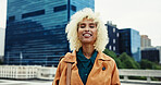 Business, happy and portrait of woman in city for corporate, career and commute to work in morning. Outdoor, attorney and female employee with smile by buildings for journey to law firm in New York
